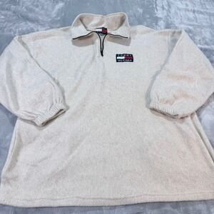 Vintage Tommy Hilfiger Fleece Pullover Sweatshirt Y2k Beige Quarter Zip XLarge